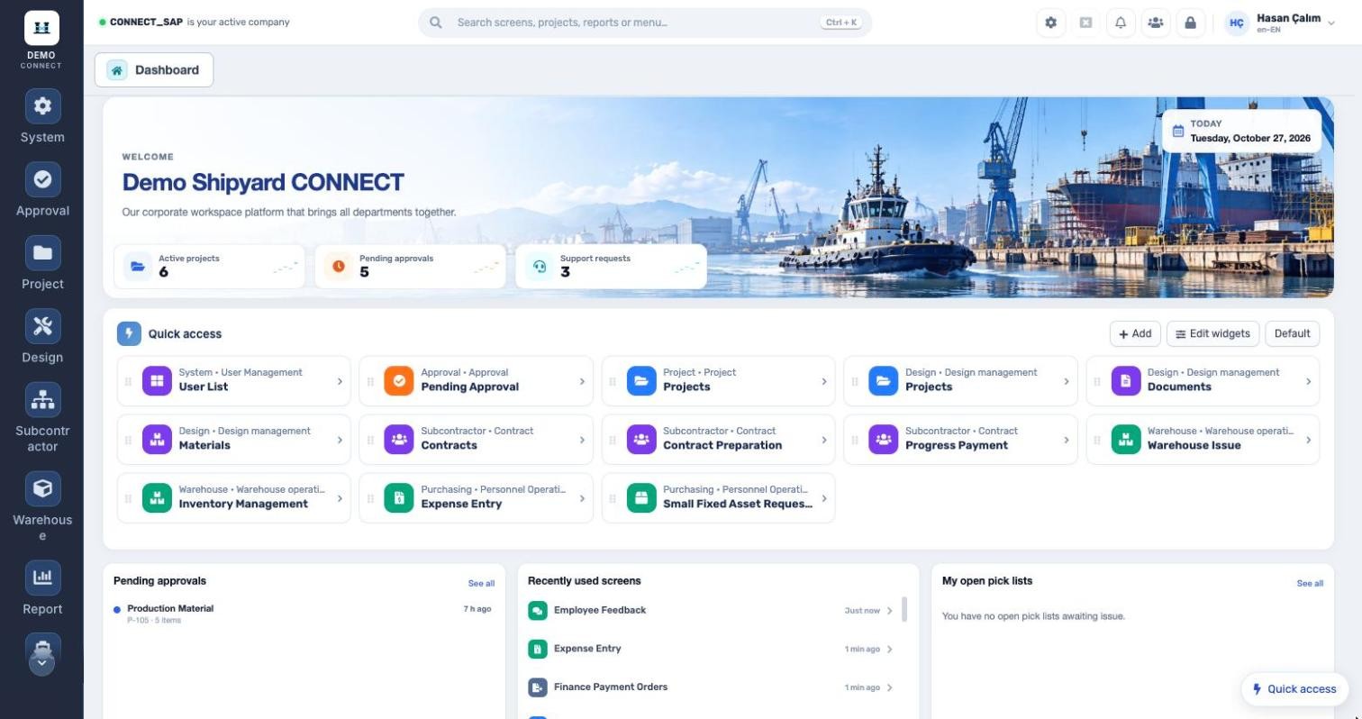 CONNECT Dashboard: active projects, pending approvals, support requests, personal quick-access shortcuts and recently used screens