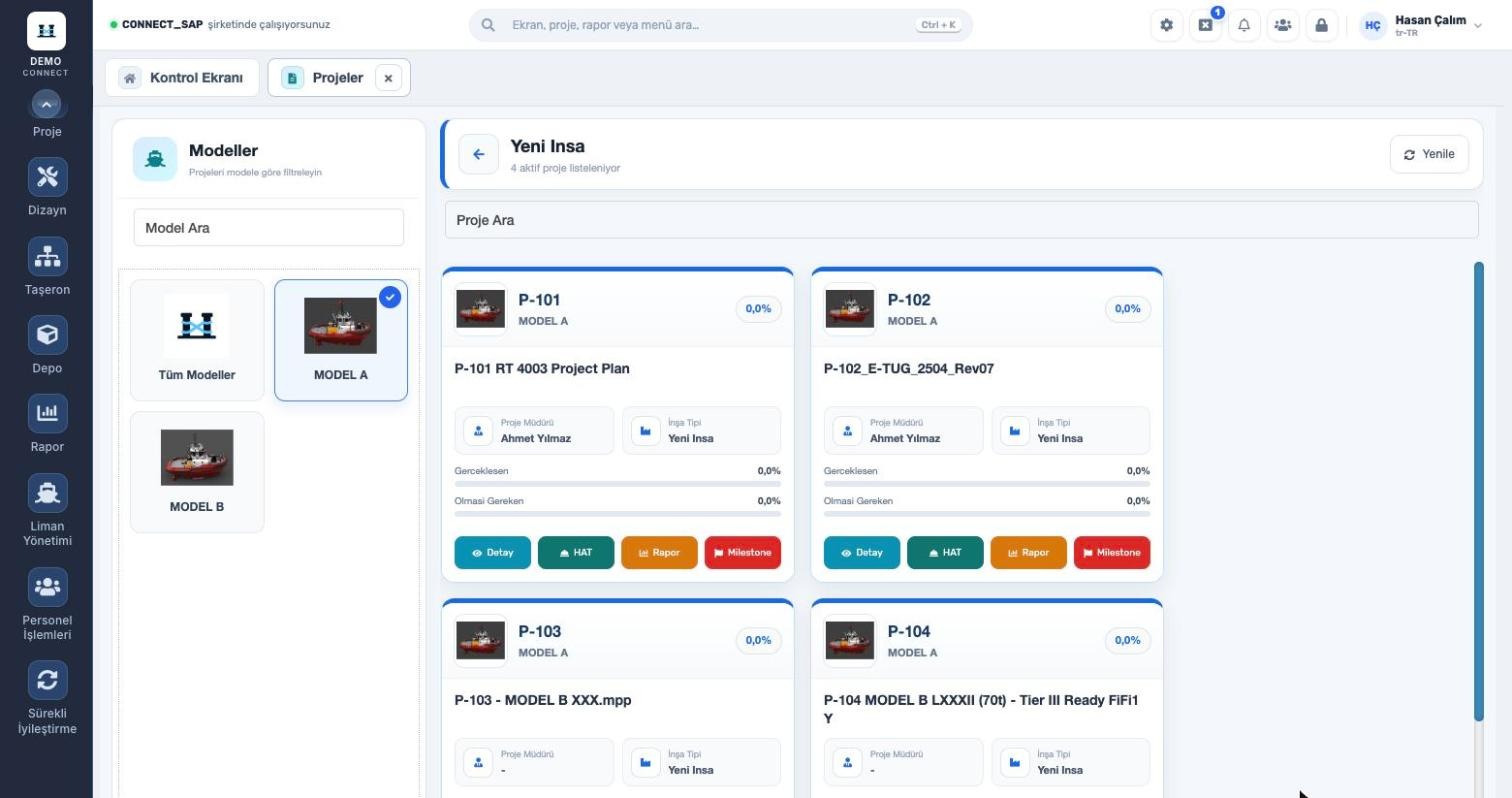 CONNECT Projeler ekranı: model bazlı proje kartları